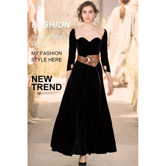 Women's Wide Elastic Stretch Waist Belt Adjustable Dress Belt Brown Gold Buckle - Picture 2 of 6